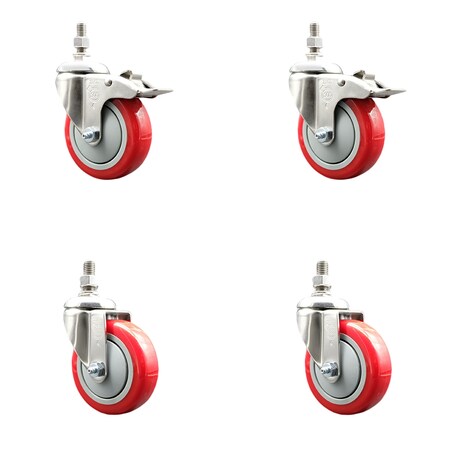 Service Caster 4 Inch 316SS Red Polyurethane 3/8 Inch Threaded Stem Caster Lock Brake, 2PK SS316TSTTL20S414-PPUB-RED-381615-2S2